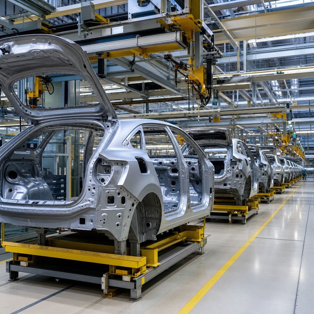 Otomotiv üretimi bandında ilerleyen gövdeler ve daralan üretim hacmi