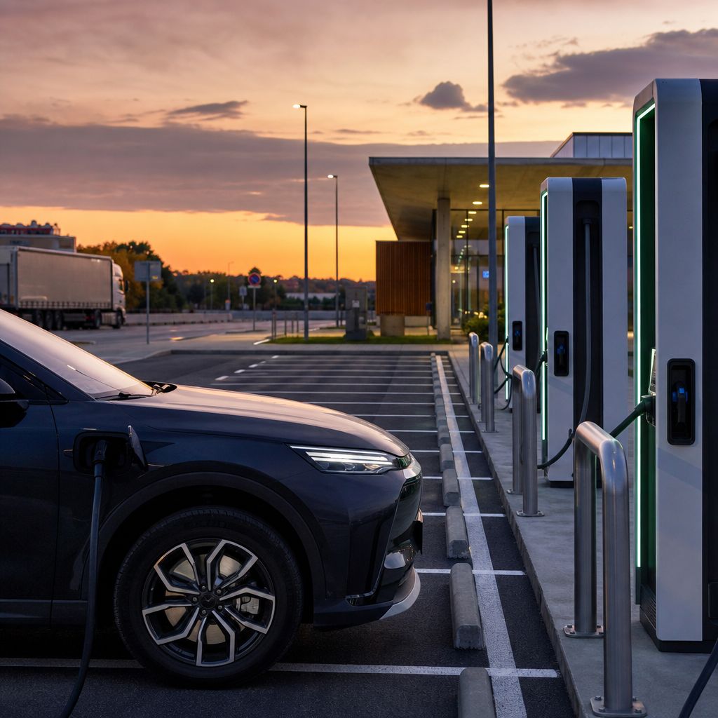 Otoyol dinlenme tesisinde elektrikli araç şarj işlemleri için hızlı şarj ünitesi sırası