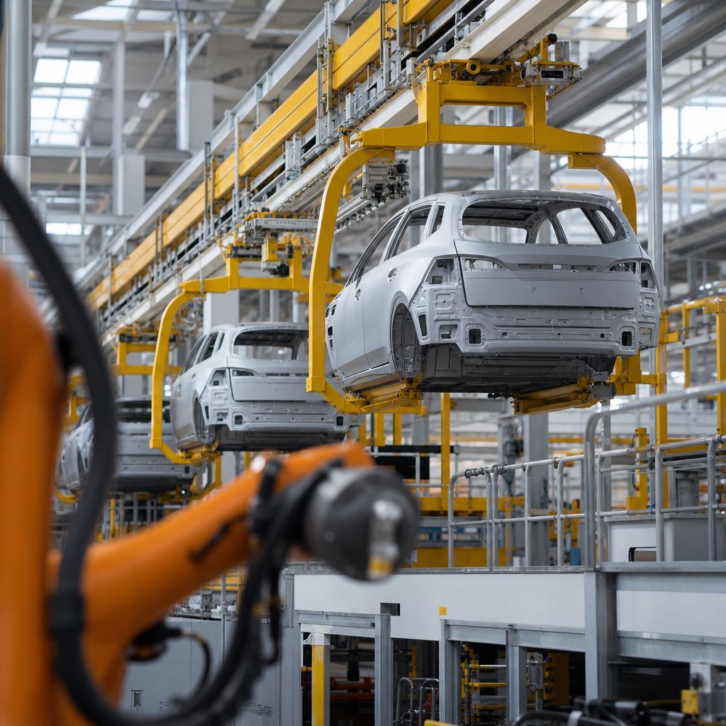 Hyundai elektrikli araç üretimi için kullanılan montaj hattında gövdeler ilerliyor